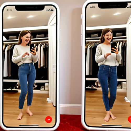 Home 4 **A young woman virtually trying on clothes in her living room using an augmented reality app on her smartphone. The room is cozy and decorated in a modern style. She's smiling, clearly enjoying the ease and convenience of the virtual fitting room.** (This prompt summarizes the section on virtual fitting rooms and the convenience of trying on clothes at home.)