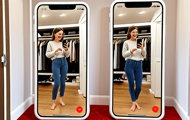 **A young woman virtually trying on clothes in her living room using an augmented reality app on her smartphone. The room is cozy and decorated in a modern style. She's smiling, clearly enjoying the ease and convenience of the virtual fitting room.** (This prompt summarizes the section on virtual fitting rooms and the convenience of trying on clothes at home.)