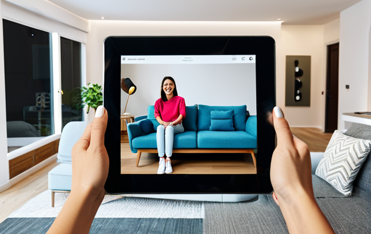 AR Furniture Shopping**

"A woman smiling and holding a tablet in a comfortably furnished living room. On the tablet screen, an augmented reality view shows a virtual sofa realistically placed in her room, blending seamlessly with the existing decor. She is fully clothed in casual, modern attire.  Bright, natural lighting. Safe for work, appropriate content, fully clothed, family-friendly, professional rendering, perfect anatomy, correct proportions, natural pose."

**