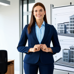 **

A professional architect, fully clothed in a modest business casual outfit (dress pants, button-down shirt, blazer), standing in a bright, modern architectural office surrounded by blueprints and scale models. Focus on the architect's confident expression and the innovative design elements in the background. Perfect anatomy, correct proportions, well-formed hands, proper finger count, natural pose, safe for work, appropriate content, professional, family-friendly.

**