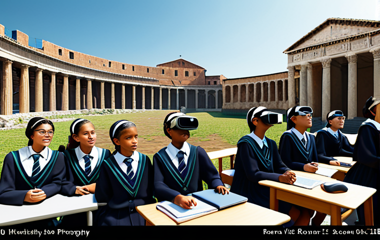 Virtual Reality Education**

A diverse group of students, fully clothed in modest school uniforms, are interacting with a virtual reality learning simulation in a modern classroom. The simulation shows a historical scene, perhaps a Roman forum, displayed on VR headsets. Appropriate content, safe for work, perfect anatomy, natural proportions, professional rendering, high quality, family-friendly.

**